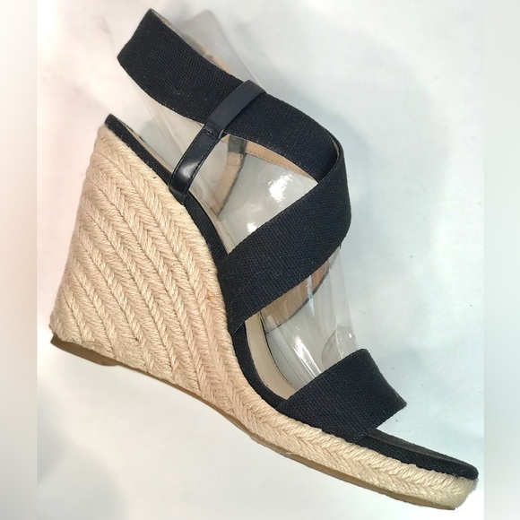 BANANA REPUBLIC TECLA Black Canvas Sz 9 Espadrille Wedge Crossover Ankle Strap - Picture 2 of 16
